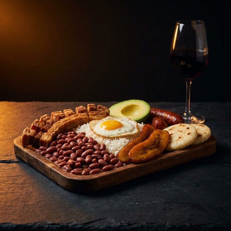 Bandeja paisa colombiana con frijoles, arroz, chicharrón, huevo y aguacate junto a una copa de Zinfandel