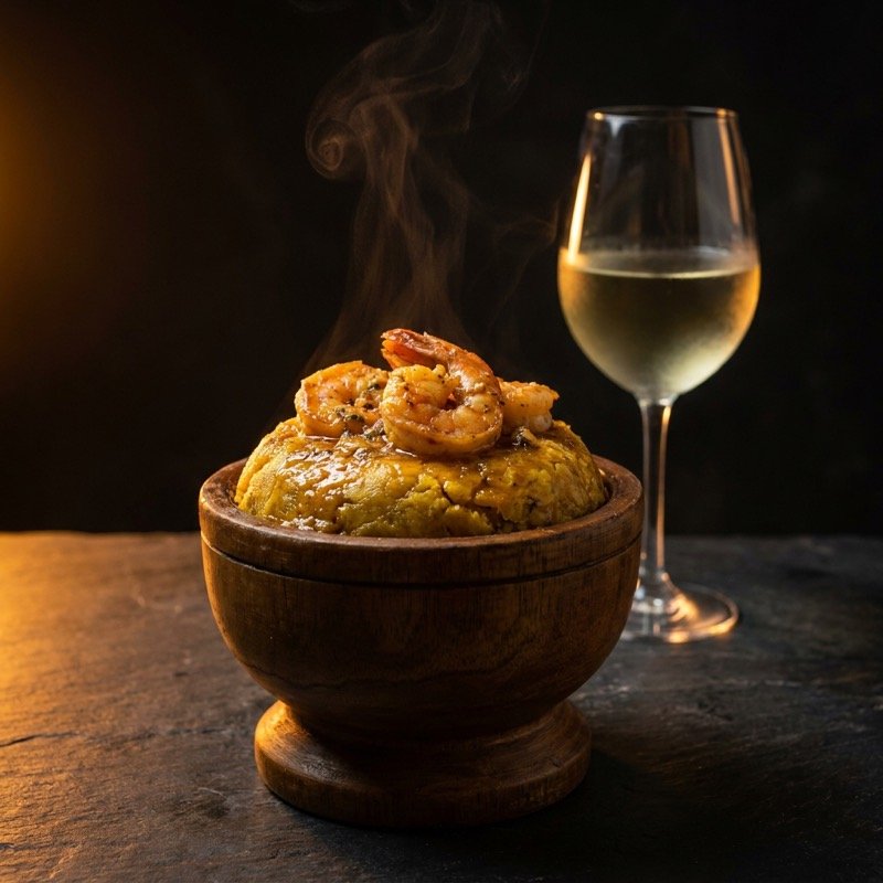 Mofongo de camarones puertorriqueño junto a una copa de Albariño