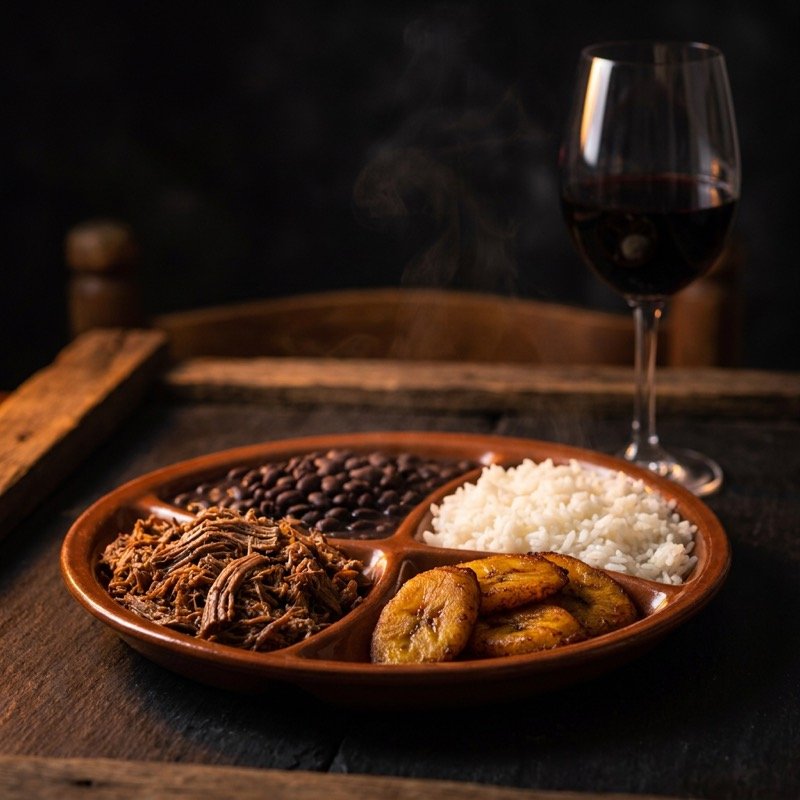 Pabellón criollo venezolano con carne mechada, caraotas, arroz y plátano junto a una copa de Monastrell